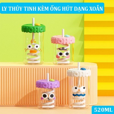 Ly thuỷ tinh có nắp dễ thương kèm ống hút dạng xoắn