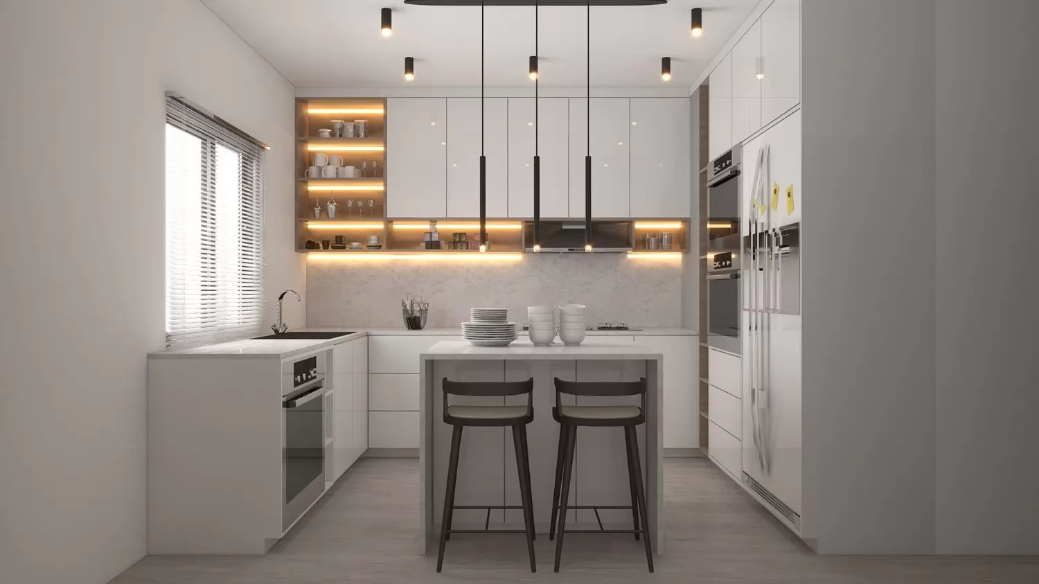 Thiết kế tủ bếp đèn led hiện đại